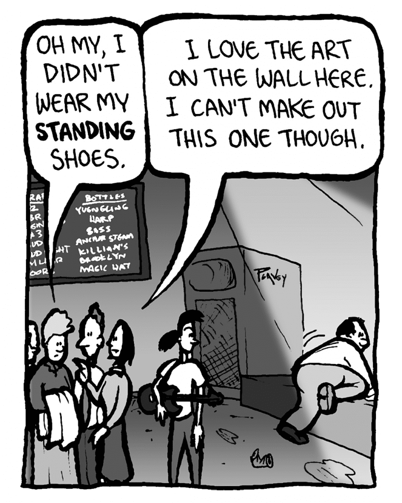 MARCY: Oh my, I didn't wear my standing shoes.
SARA: I love the art on the wall here. I can't make out this one though.
