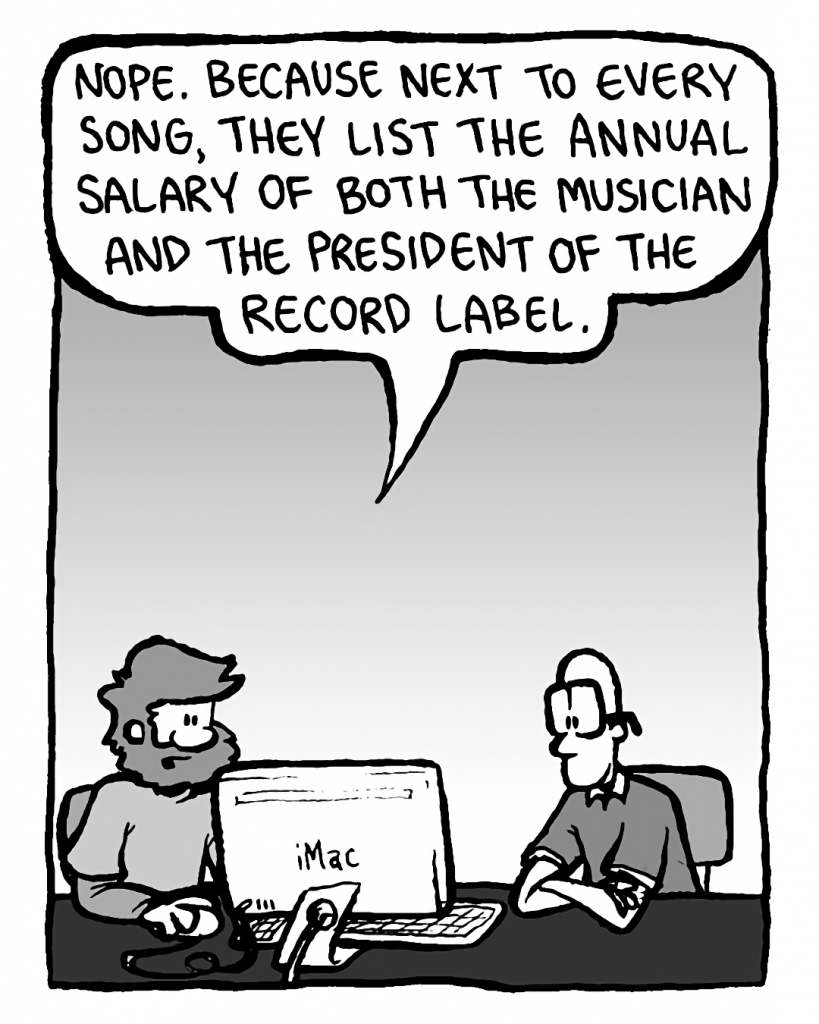 GREG: Nope. Because next to every song, they list the annual salary of both the musician and the president of the record label.