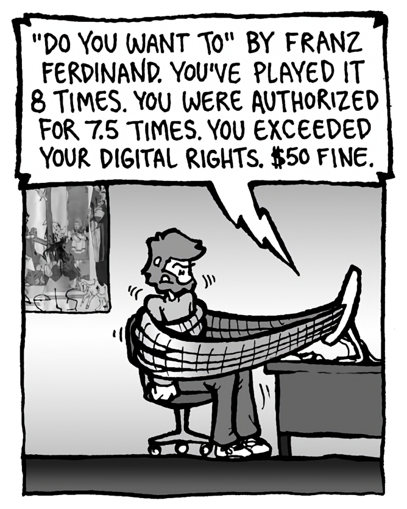 DRM 9000: "Do You Want To" by Franz Ferdinand. You've played it 8 times. You were authorized for 7.5 times. You exceeded your digital rights. $50 fine.