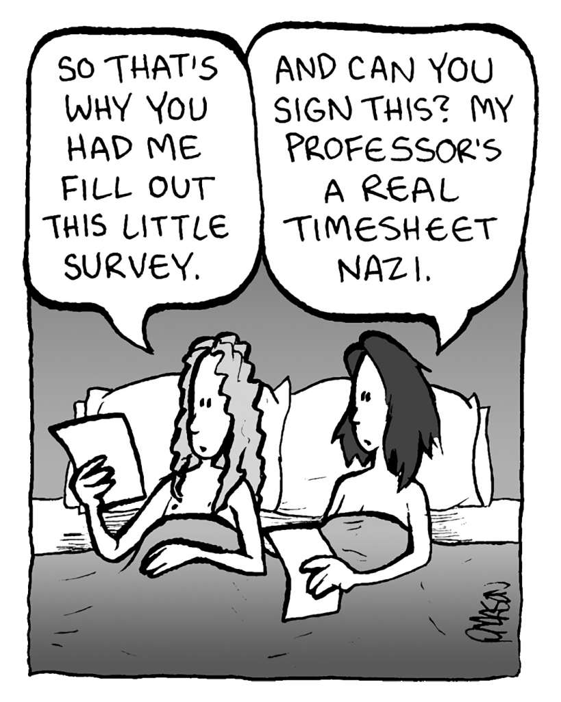 KEVIN EDO: So that's why you had me fill out this little survey.
SEX TAPE STUDENT: And can you sign this? My professor's a real timesheet Nazi.
