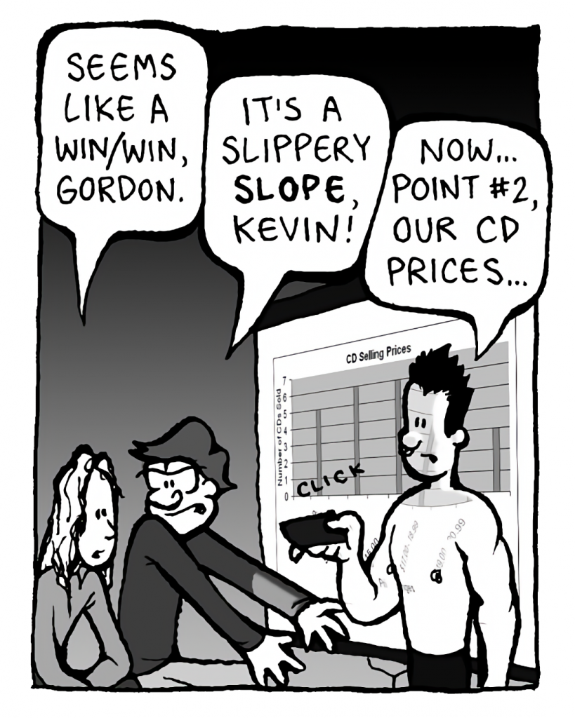 KEVIN EDO: Seems like a win/win, Gordon.
GORDON CRANWICK: It's a slippery SLOPE, Kevin!
PETER WELD: Now... point #2, our CD prices...
