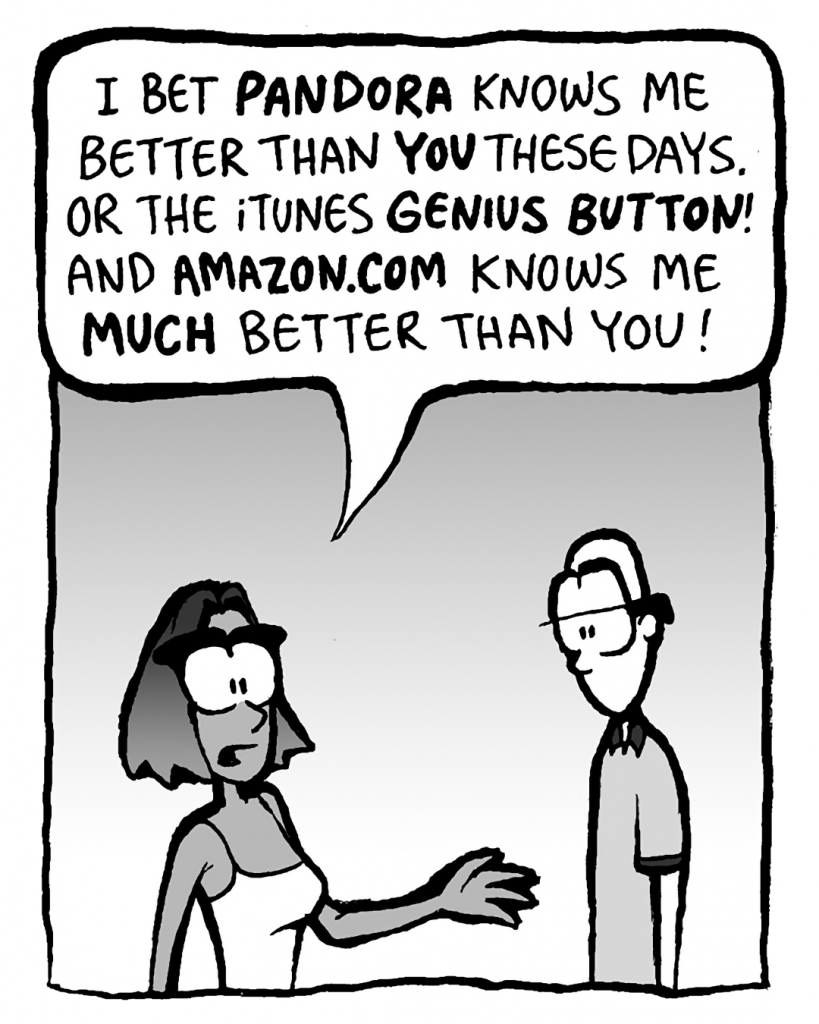 SMITA: I bet PANDORA knows me better than YOU these days. Or the iTunes GENIUS BUTTON! And AMAZON.COM knows me MUCH better than you!